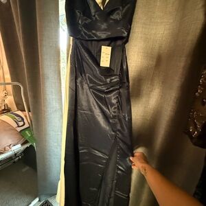 Elegant Navy Satin Evening Gown